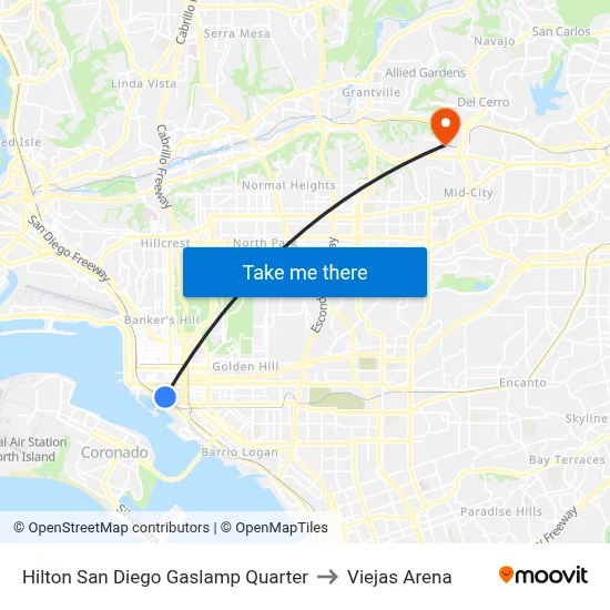 Hilton San Diego Gaslamp Quarter to Viejas Arena map
