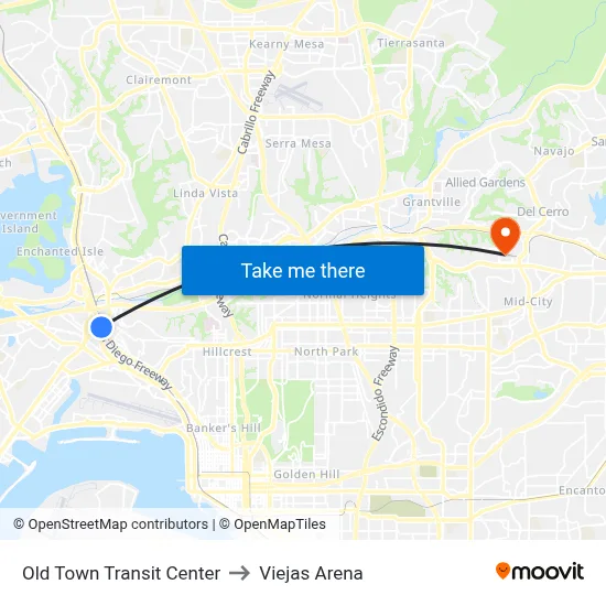 Old Town Transit Center to Viejas Arena map