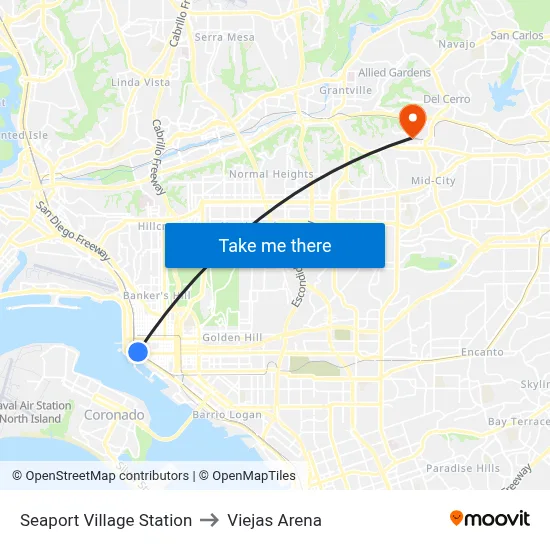 Seaport Village Station to Viejas Arena map