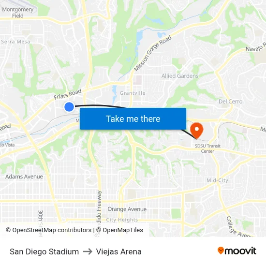 San Diego Stadium to Viejas Arena map