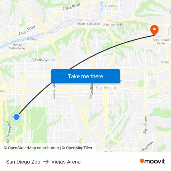 San Diego Zoo to Viejas Arena map