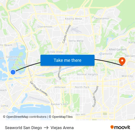 Seaworld San Diego to Viejas Arena map