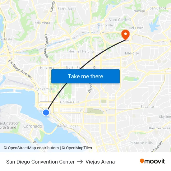 San Diego Convention Center to Viejas Arena map