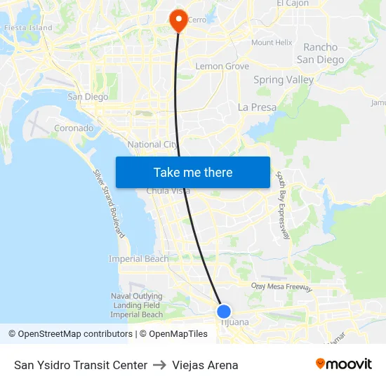 San Ysidro Transit Center to Viejas Arena map