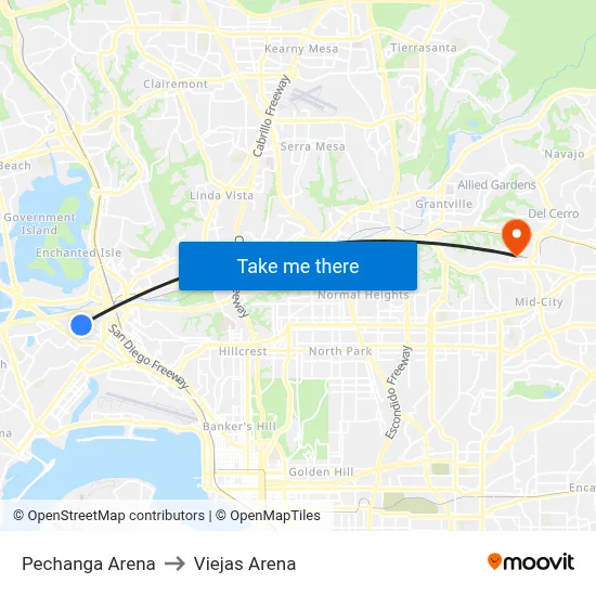 Pechanga Arena to Viejas Arena map