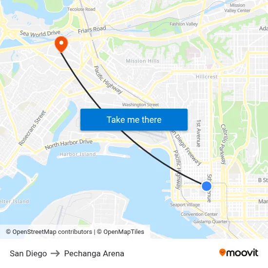 San Diego to Pechanga Arena map