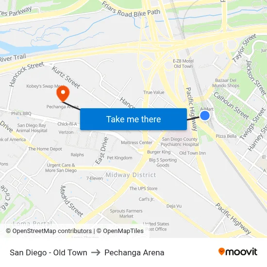 San Diego - Old Town to Pechanga Arena map