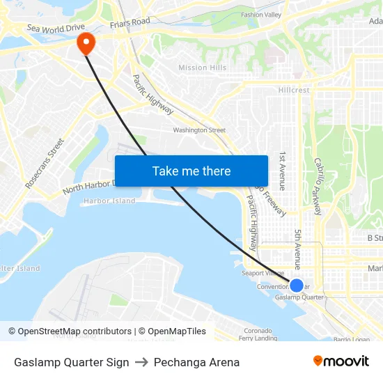 Gaslamp Quarter Sign to Pechanga Arena map
