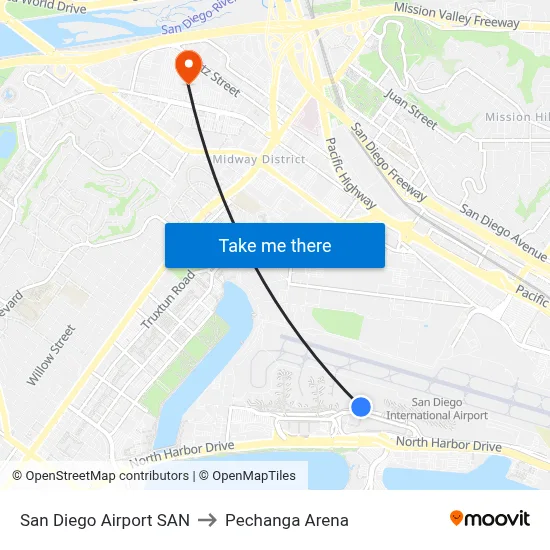 San Diego Airport SAN to Pechanga Arena map