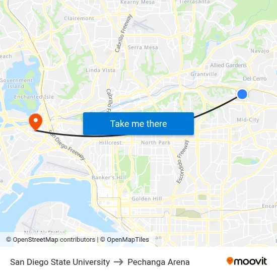 San Diego State University to Pechanga Arena map