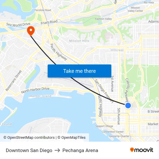 Downtown San Diego to Pechanga Arena map