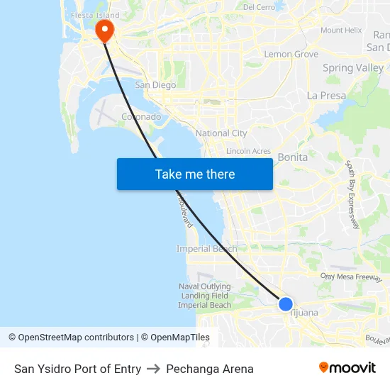 San Ysidro Port of Entry to Pechanga Arena map