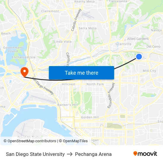 San Diego State University to Pechanga Arena map