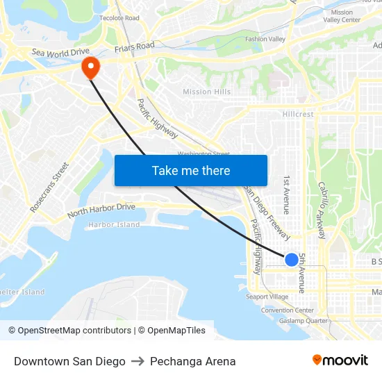Downtown San Diego to Pechanga Arena map