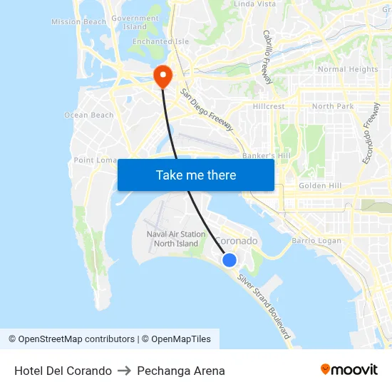 Hotel Del Corando to Pechanga Arena map