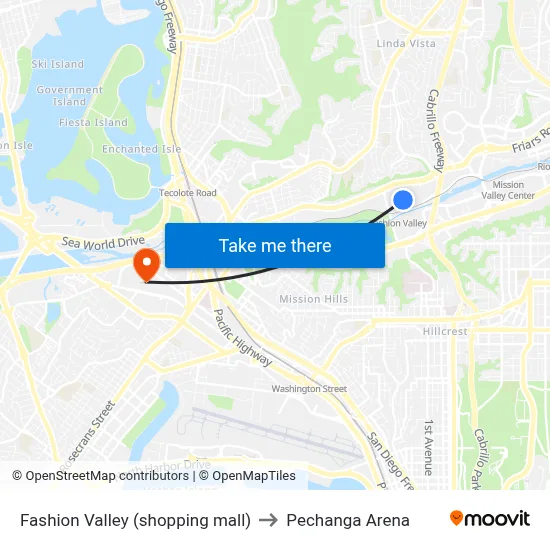 Fashion Valley (shopping mall) to Pechanga Arena map