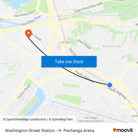 Washington Street Station to Pechanga Arena map