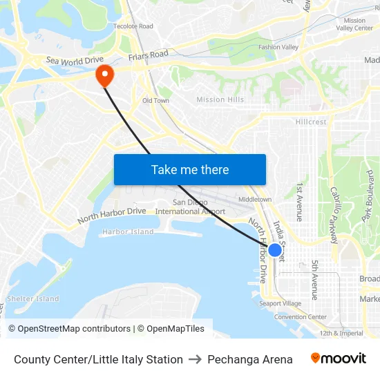County Center/Little Italy Station to Pechanga Arena map