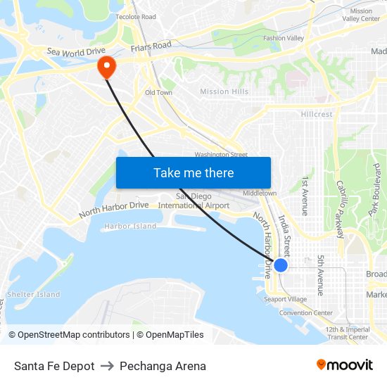 Santa Fe Depot to Pechanga Arena map