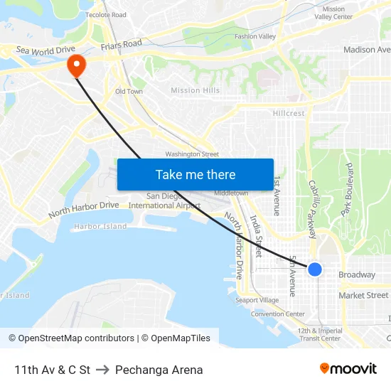 11th Av & C St to Pechanga Arena map
