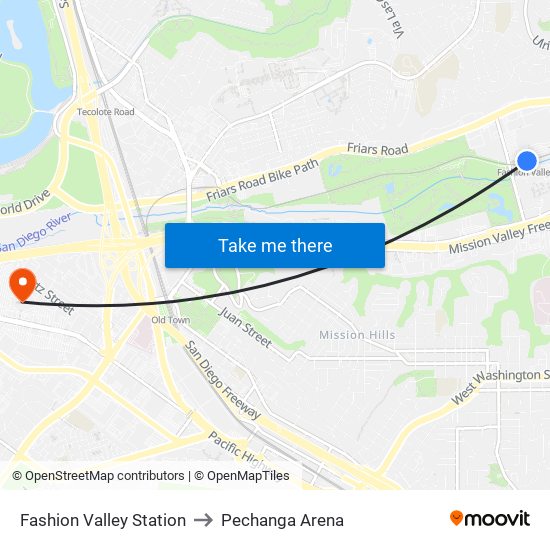 Fashion Valley Station to Pechanga Arena map