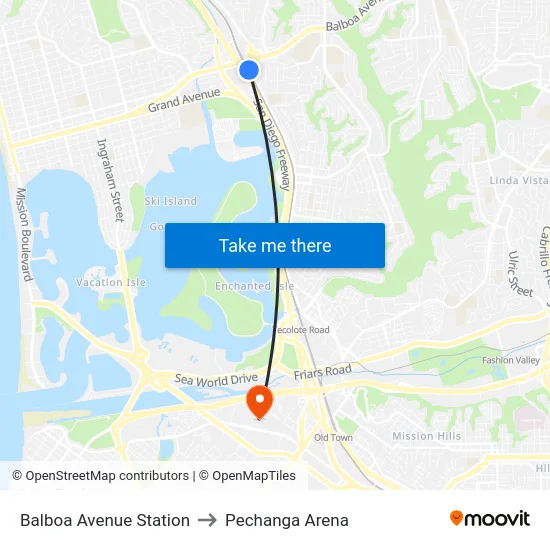 Balboa Avenue Station to Pechanga Arena map