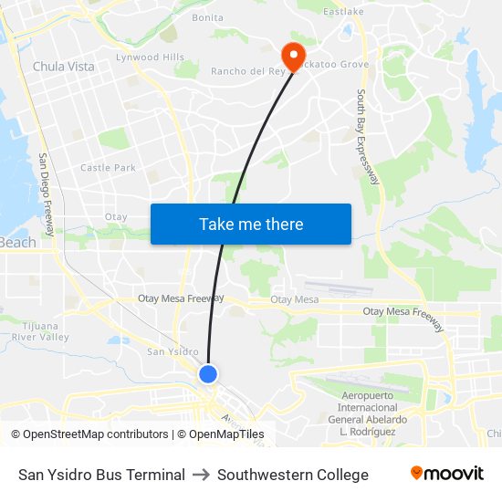 San Ysidro Bus Terminal to Southwestern College map