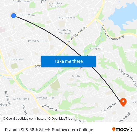 Division St & 58th St to Southwestern College map