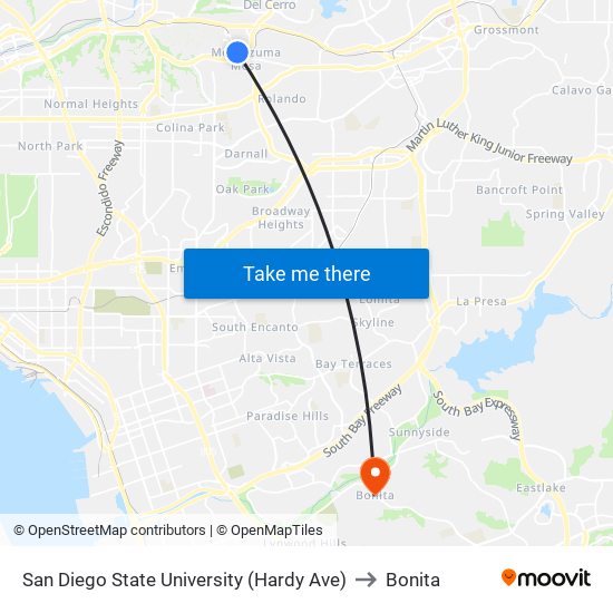 San Diego State University (Hardy Ave) to Bonita map