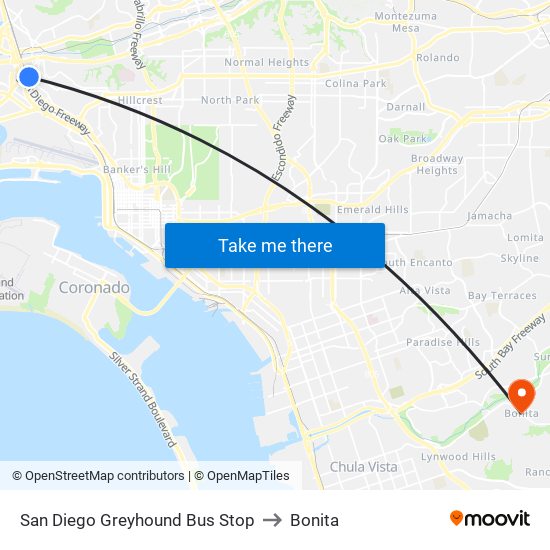 San Diego Greyhound Bus Stop to Bonita map