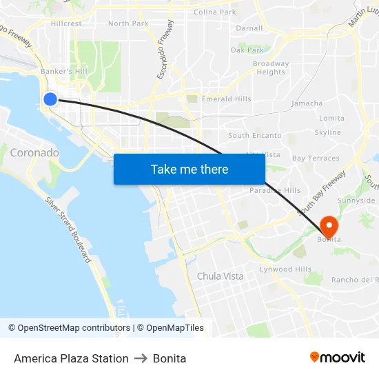 America Plaza Station to Bonita map