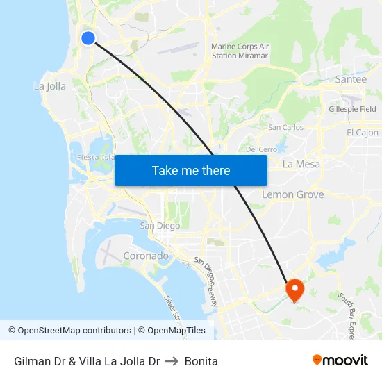 Gilman Dr & Villa La Jolla Dr to Bonita map