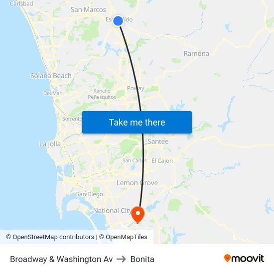 Broadway & Washington Av to Bonita map