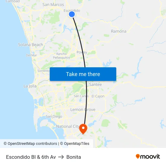 Escondido Bl & 6th Av to Bonita map