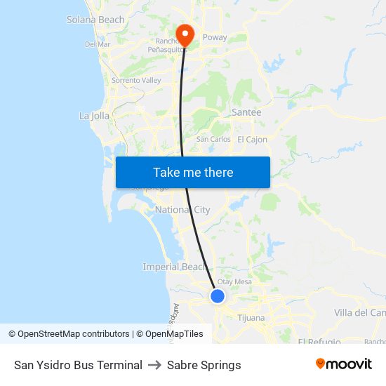 San Ysidro Bus Terminal to Sabre Springs map