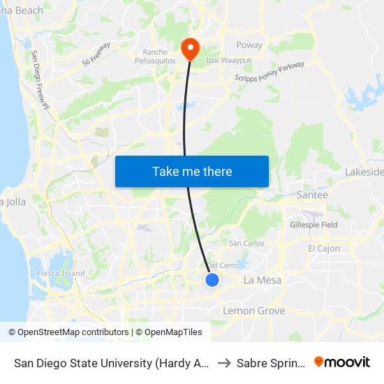 San Diego State University (Hardy Ave) to Sabre Springs map