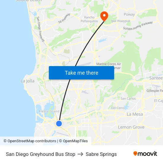 San Diego Greyhound Bus Stop to Sabre Springs map