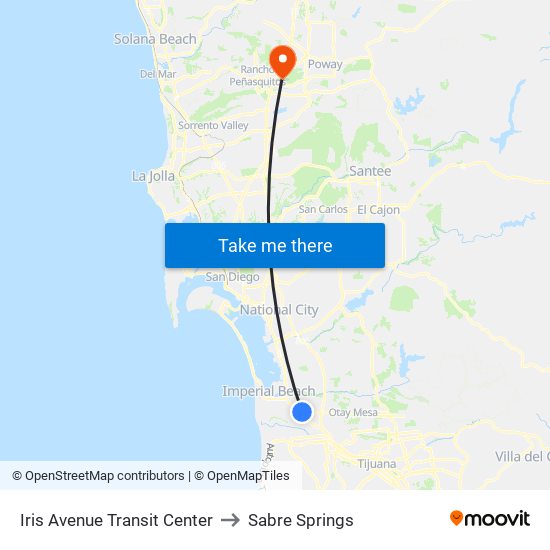 Iris Avenue Transit Center to Sabre Springs map