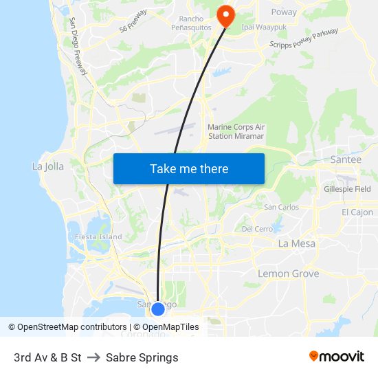 3rd Av & B St to Sabre Springs map