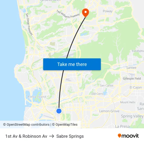 1st Av & Robinson Av to Sabre Springs map