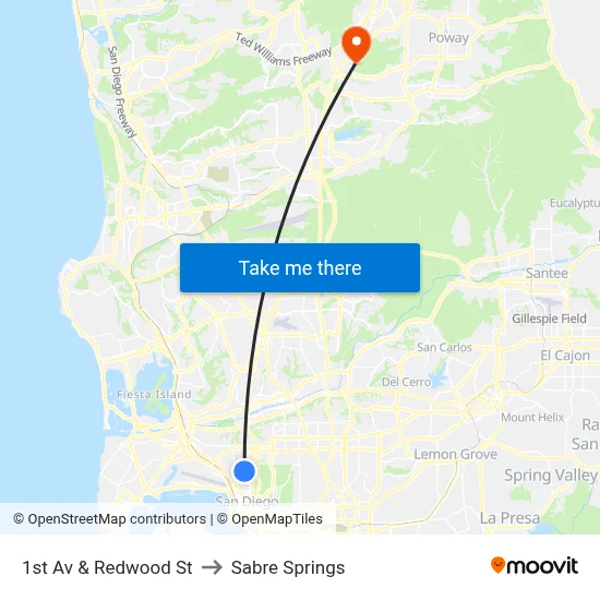 1st Av & Redwood St to Sabre Springs map