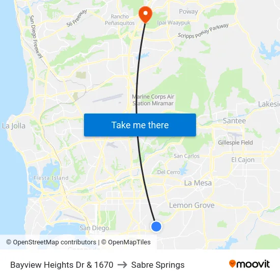 Bayview Heights Dr & 1670 to Sabre Springs map