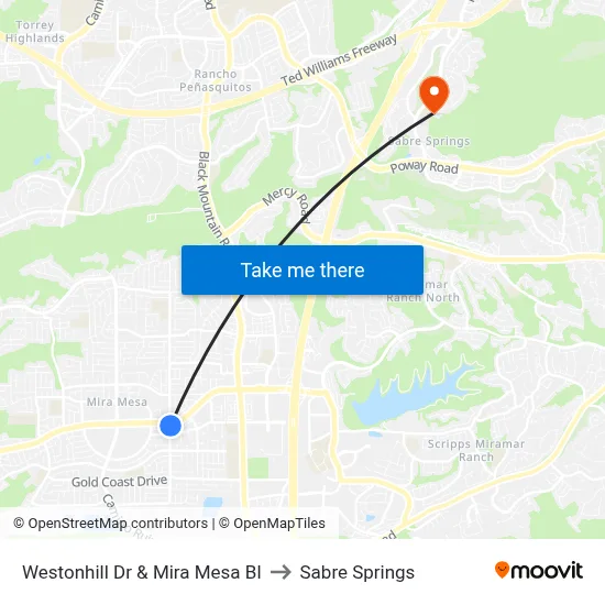 Westonhill Dr & Mira Mesa Bl to Sabre Springs map