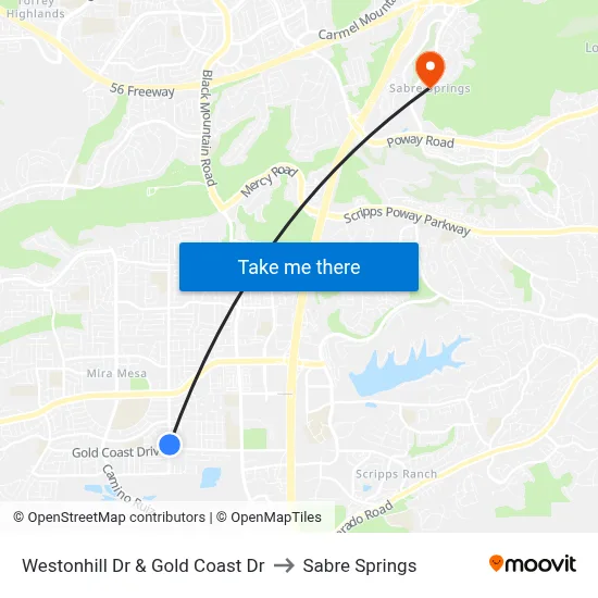 Westonhill Dr & Gold Coast Dr to Sabre Springs map