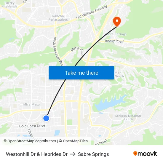 Westonhill Dr & Hebrides Dr to Sabre Springs map