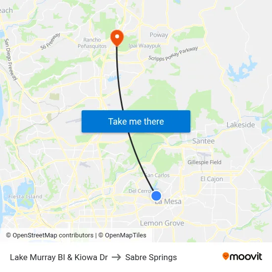Lake Murray Bl & Kiowa Dr to Sabre Springs map