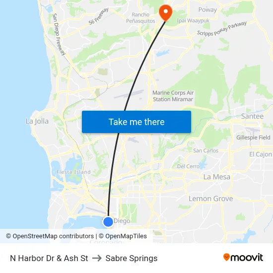N Harbor Dr & Ash St to Sabre Springs map