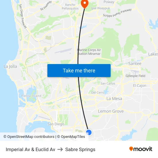 Imperial Av & Euclid Av to Sabre Springs map