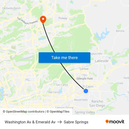 Washington Av & Emerald Av to Sabre Springs map