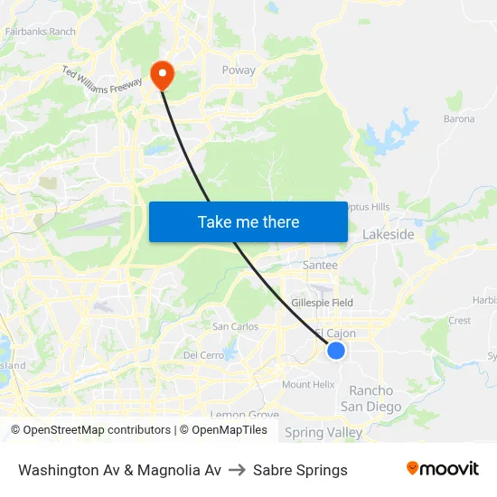 Washington Av & Magnolia Av to Sabre Springs map
